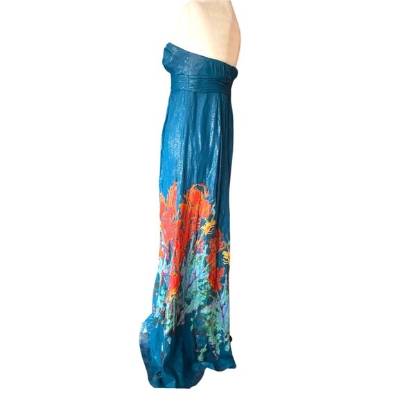 Vintage Aqua Silk Blend Fairycore Strapless Maxi Dress Floral Boho Goddess Sz 6 - Picture 6 of 16
